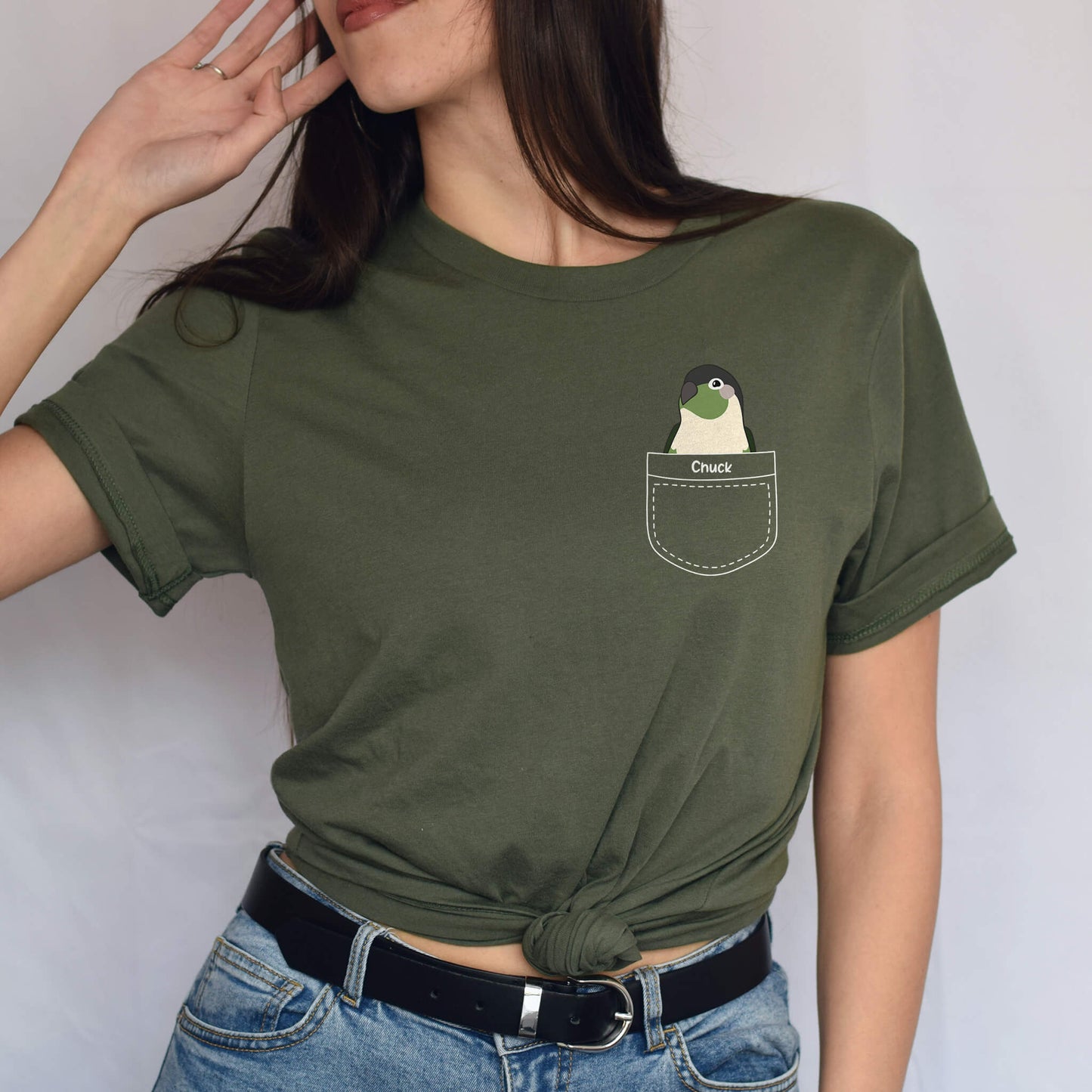 Personalized Pocket Birb Unisex T-Shirt - Green Cheek Conure